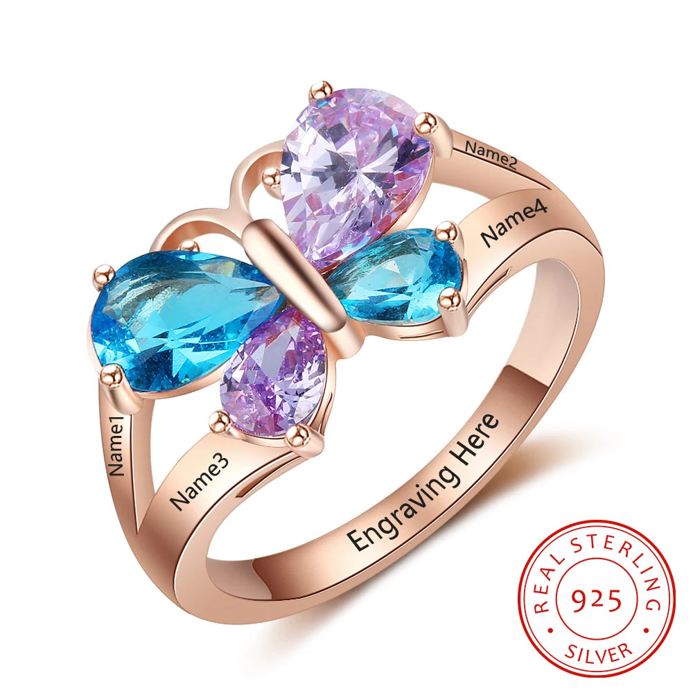 925 anéis de noivado de prata esterlina para mulheres, nome personalizado, anel de borboleta gravado personalizado 4 birthstones presentes para mães