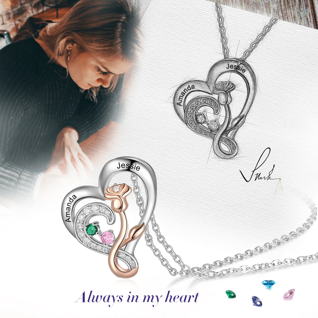 925 prata esterlina personalizado gravado nome coração pingente com birthstone rosa flor personalizado colar presentes de natal