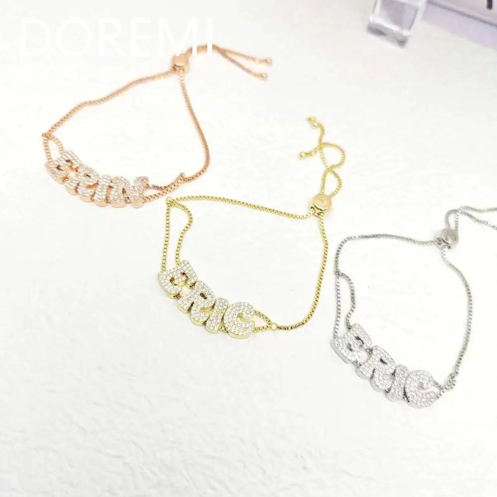Doremi cristal zircão nome personalizado carta dupla corrente malha delicada deslizante carta personalizar nome pulseiras