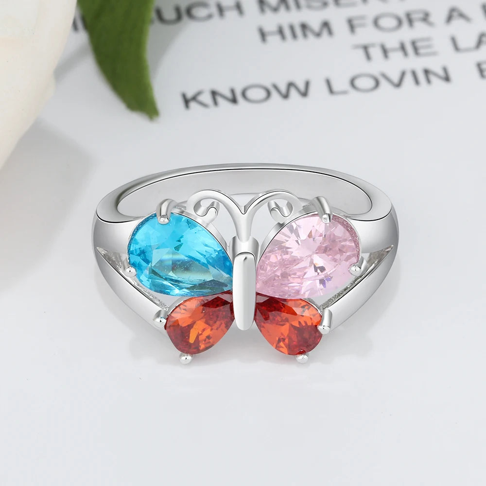 925 anéis de noivado de prata esterlina para mulheres, nome personalizado, anel de borboleta gravado personalizado 4 birthstones presentes para mães