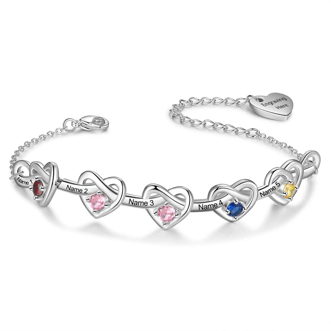 Pulseira de coração com nó personalizado com 2 a 6 pedras de aniversário, nome personalizado da família, pulseiras e pulseiras gravadas, presente para mães, namorada