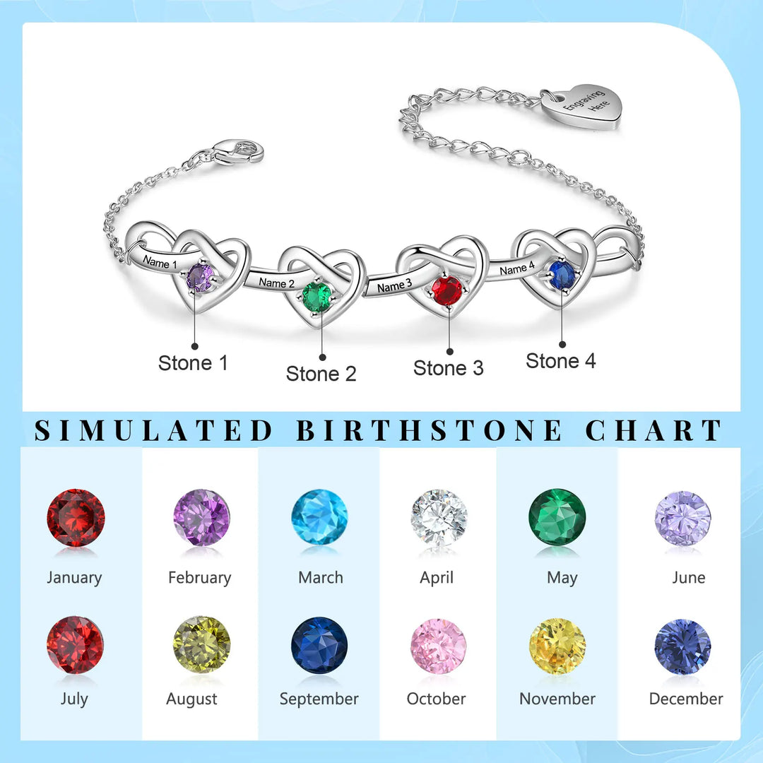 Pulseira de coração com nó personalizado com 2 a 6 pedras de aniversário, nome personalizado da família, pulseiras e pulseiras gravadas, presente para mães, namorada
