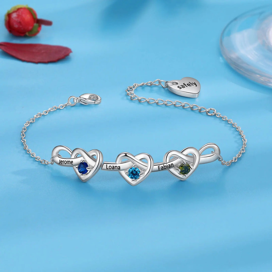 Pulseira de coração com nó personalizado com 2 a 6 pedras de aniversário, nome personalizado da família, pulseiras e pulseiras gravadas, presente para mães, namorada