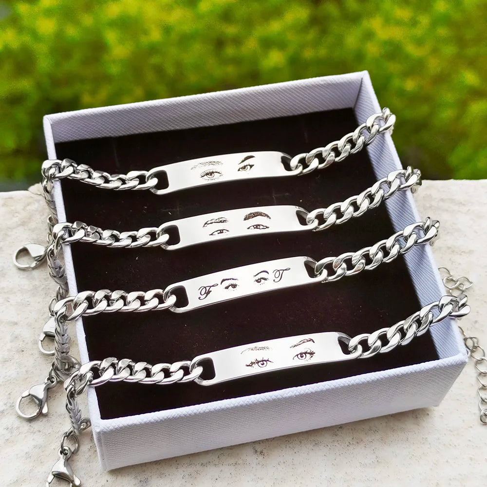 Olhos personalizados foto casal pulseira laser gravado olhos foto pulseiras presentes de aço inoxidável para namorado família pai