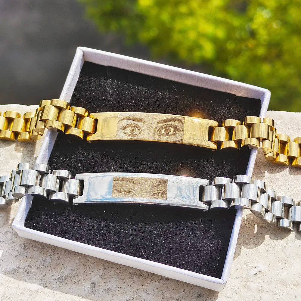 Olhos personalizados foto casal pulseira laser gravado olhos foto pulseiras presentes de aço inoxidável para namorado família pai