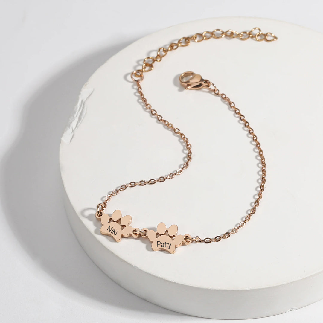 Pulseira com nome gravado personalizado, pulseira minimalista de pata, aço inoxidável, elegante, pulseira de pata de cachorro, presente de natal para animais de estimação