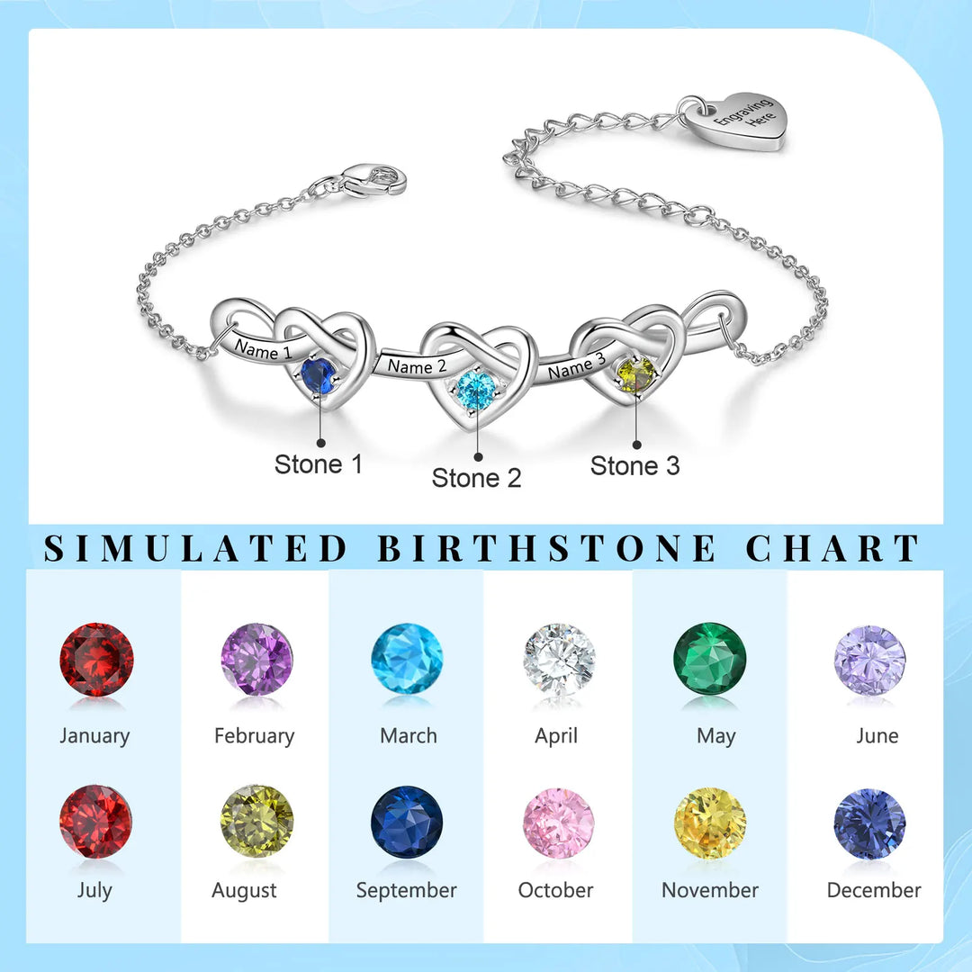 Pulseira de coração com nó personalizado com 2 a 6 pedras de aniversário, nome personalizado da família, pulseiras e pulseiras gravadas, presente para mães, namorada