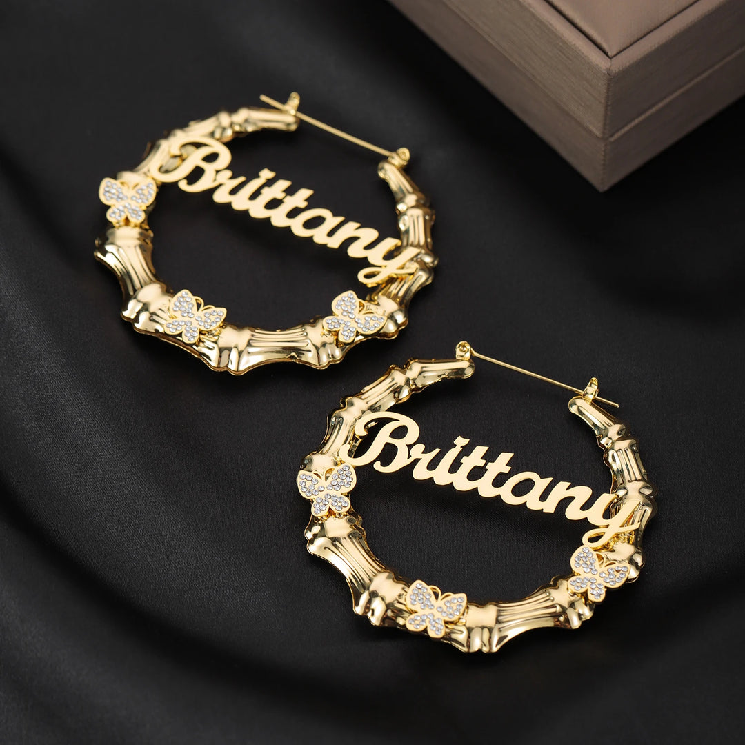 Qitian-Bambu Hoop Nome Brinco, Brincos De Borboleta De Diamante Personalizado, Aço Inoxidável, Estilo Hip Hop, Jóias Sexy, Personalidade