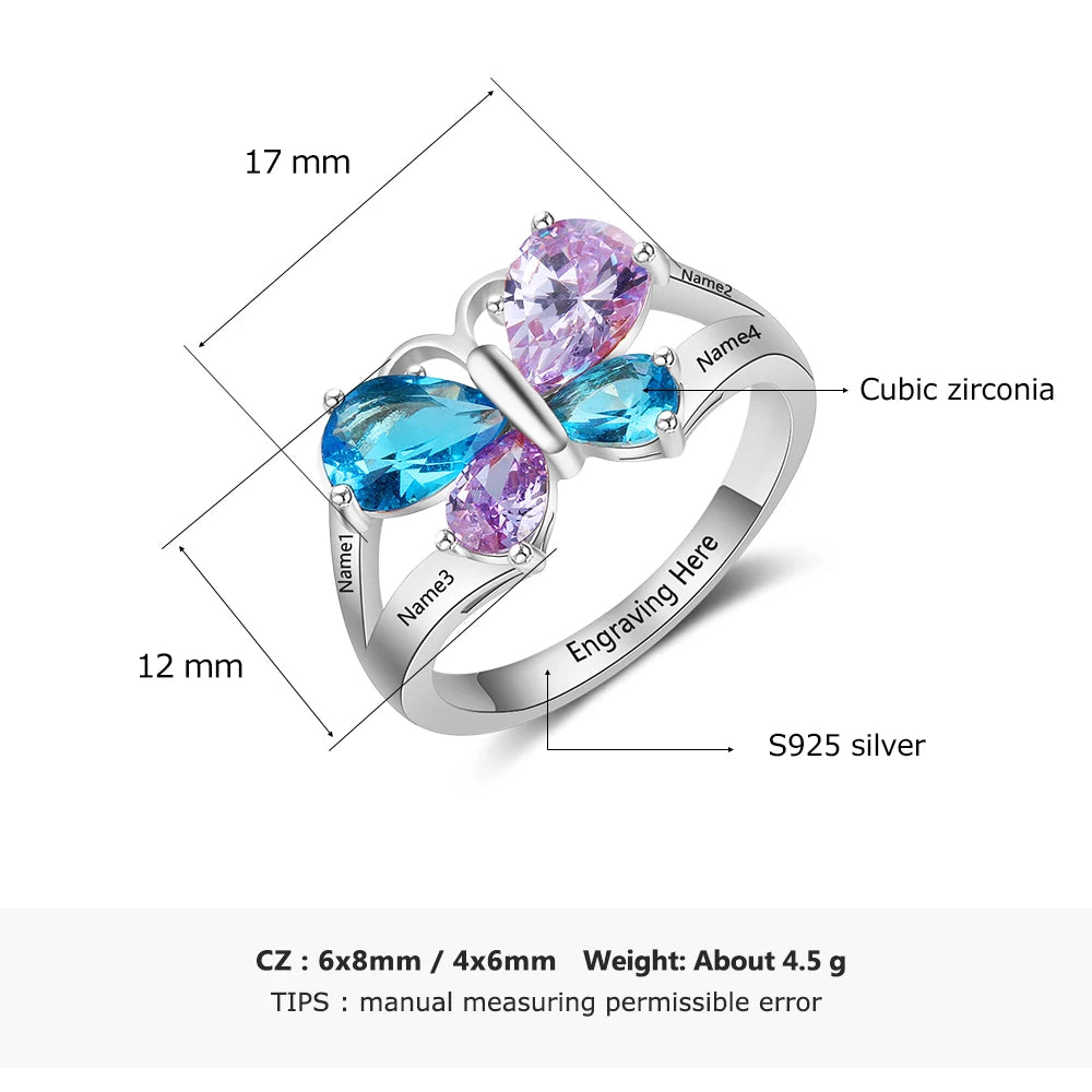 925 anéis de noivado de prata esterlina para mulheres, nome personalizado, anel de borboleta gravado personalizado 4 birthstones presentes para mães