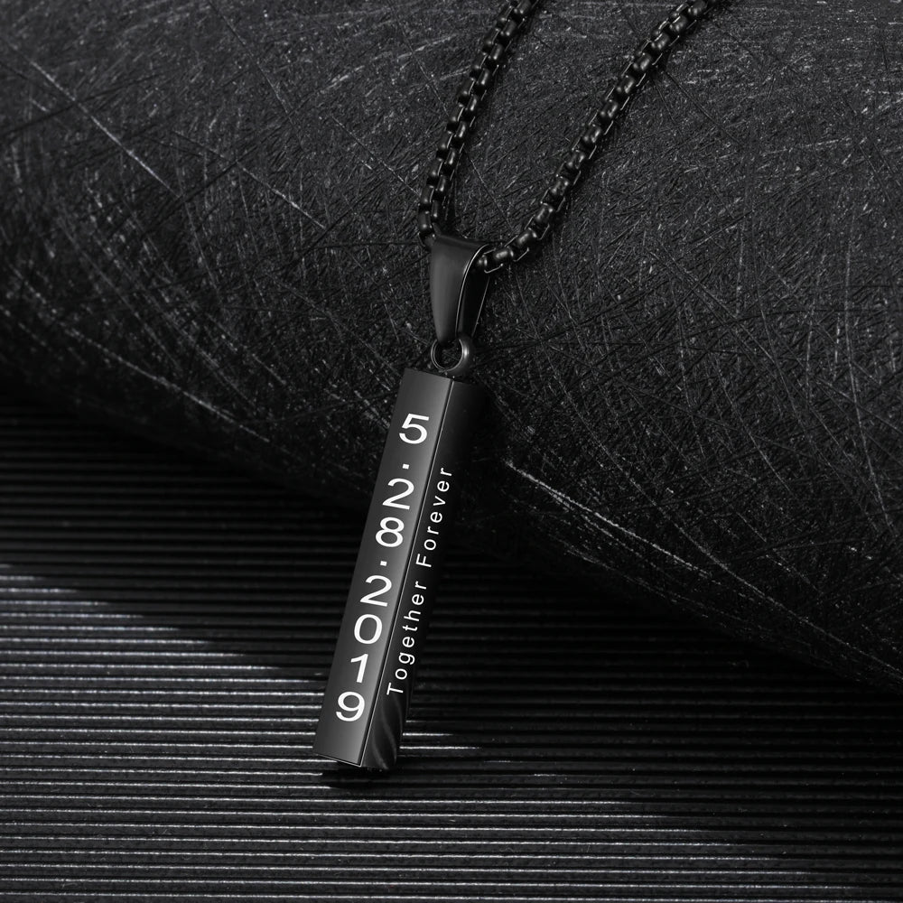 Nome personalizado homem pingente presente do ano novo para o pai jewelora personalizado 4 lado gravado barra vertical colar de aço inoxidável