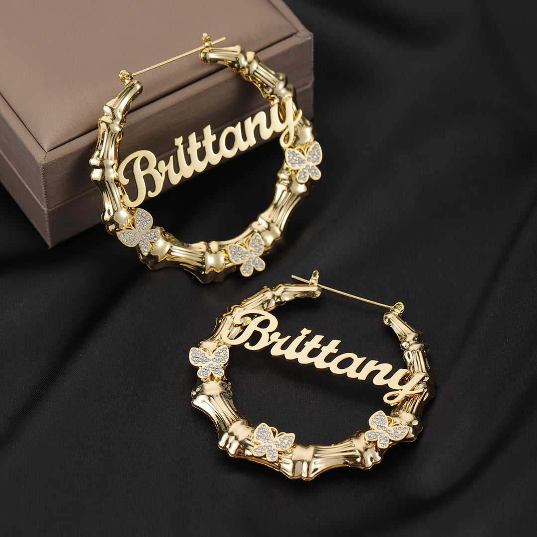 Qitian-Bambu Hoop Nome Brinco, Brincos De Borboleta De Diamante Personalizado, Aço Inoxidável, Estilo Hip Hop, Jóias Sexy, Personalidade