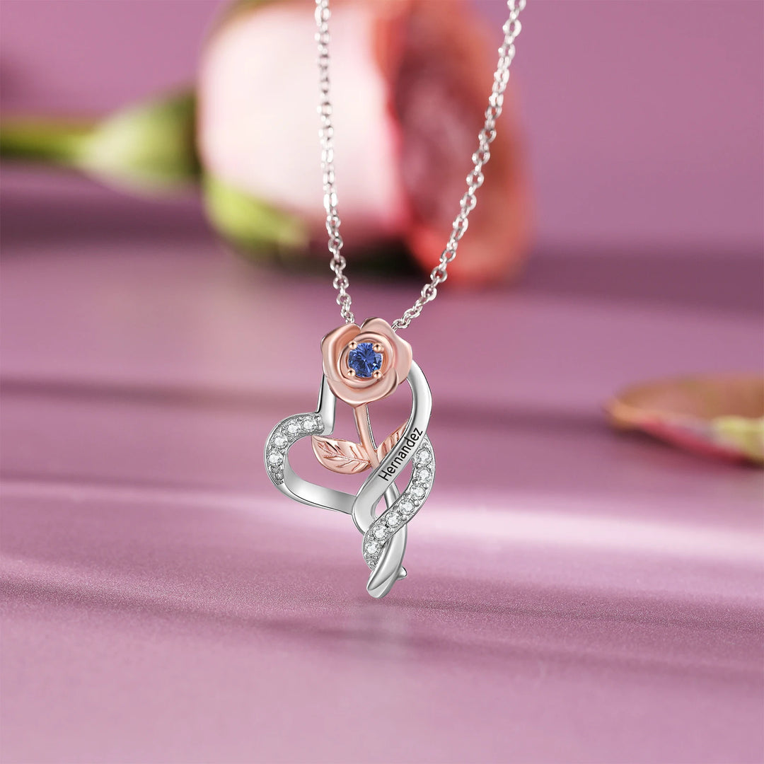 Pingente de flor rosa personalizado com pedra de aniversário, nome personalizado, colares gravados para mulheres, presentes de dia dos namorados para namoradas