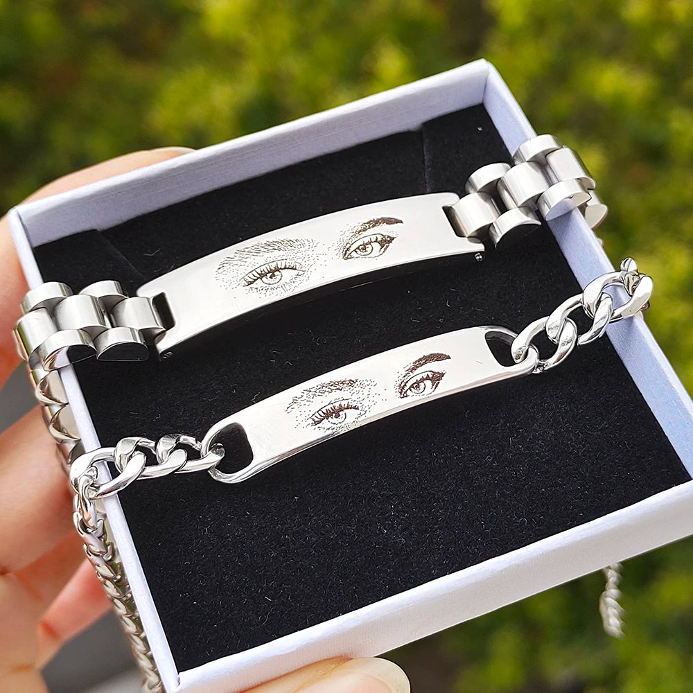 Olhos personalizados foto casal pulseira laser gravado olhos foto pulseiras presentes de aço inoxidável para namorado família pai