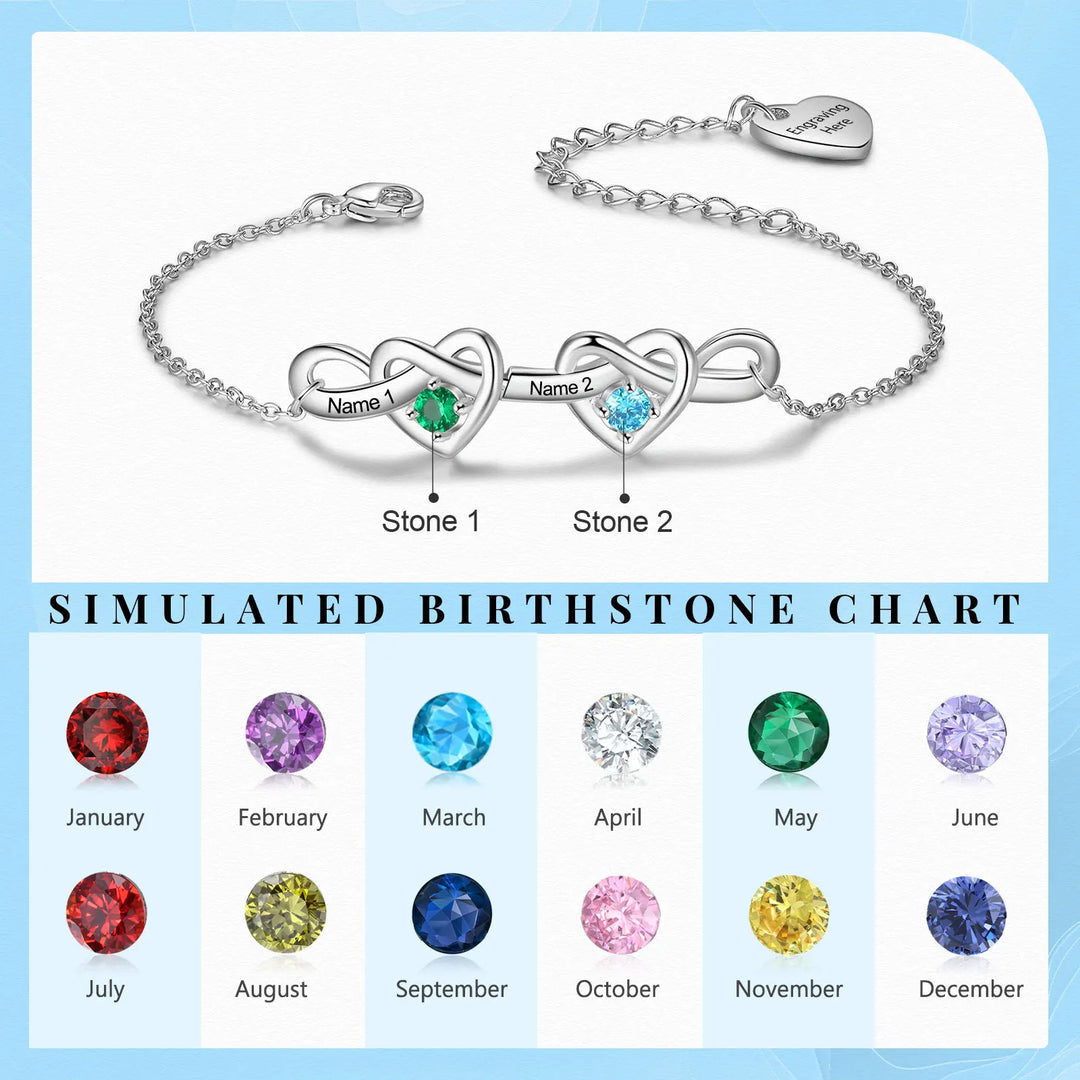 Pulseira de coração com nó personalizado com 2 a 6 pedras de aniversário, nome personalizado da família, pulseiras e pulseiras gravadas, presente para mães, namorada