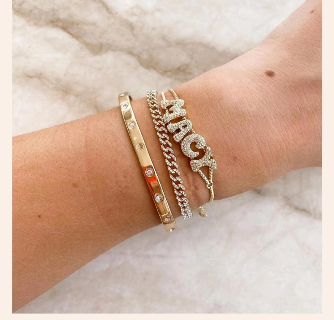 Doremi cristal zircão nome personalizado carta dupla corrente malha delicada deslizante carta personalizar nome pulseiras