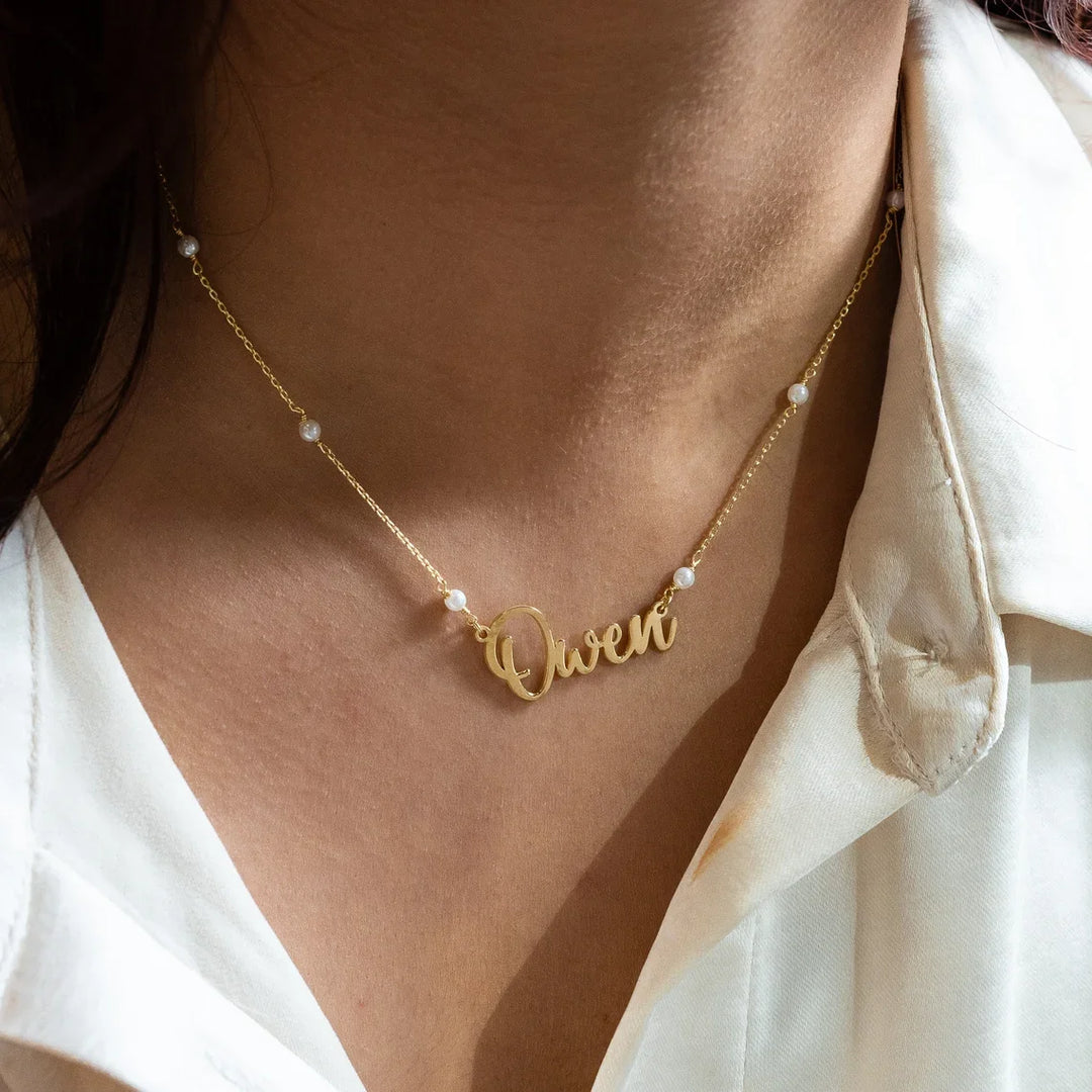 Colar Personalizado Com Nome E Pérolas Banhada a Ouro 18k