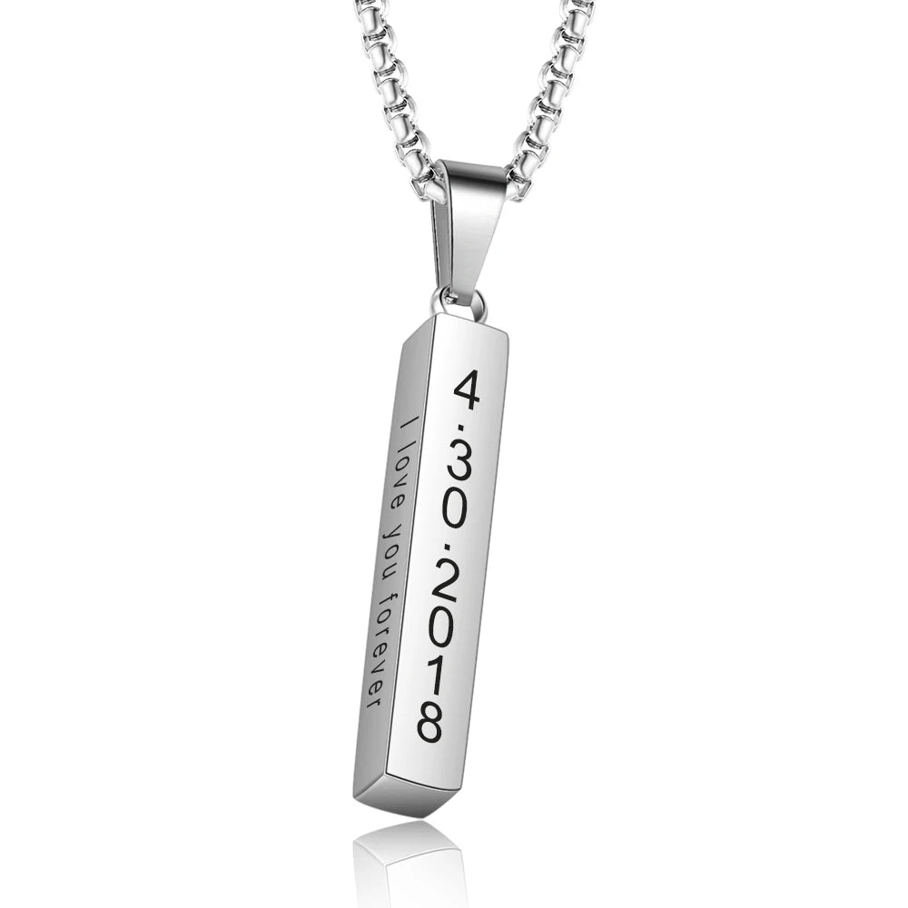 Nome personalizado homem pingente presente do ano novo para o pai jewelora personalizado 4 lado gravado barra vertical colar de aço inoxidável