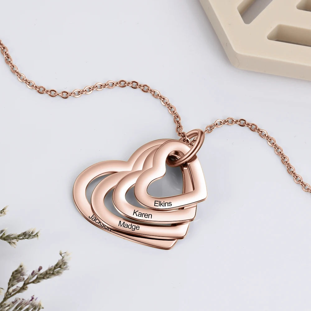 Colar gravado em aço inoxidável personalizado para mulheres, pingente de coração multicamadas personalizado, 2-6 nomes, 3 cores