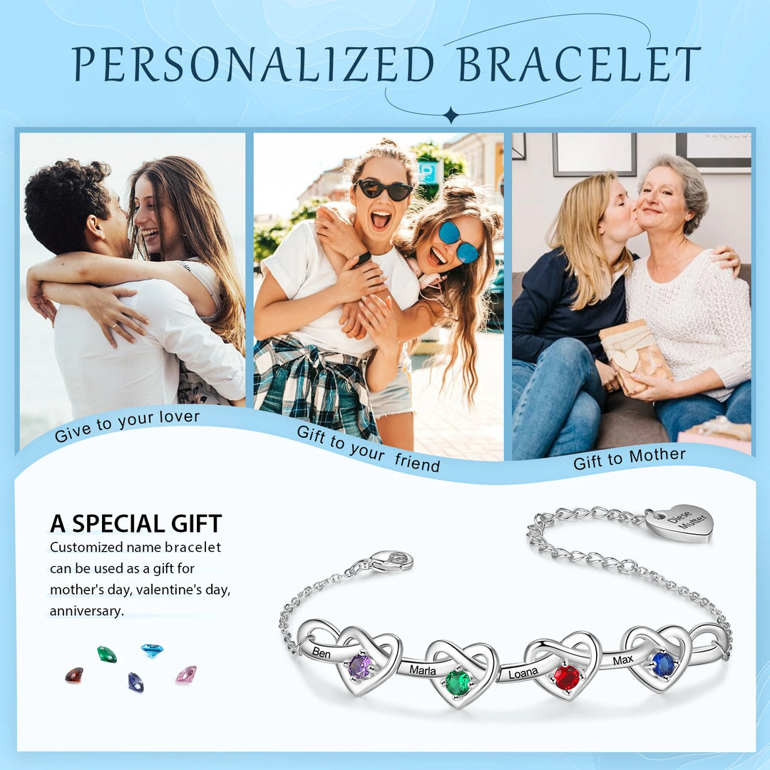 Pulseira de coração com nó personalizado com 2 a 6 pedras de aniversário, nome personalizado da família, pulseiras e pulseiras gravadas, presente para mães, namorada