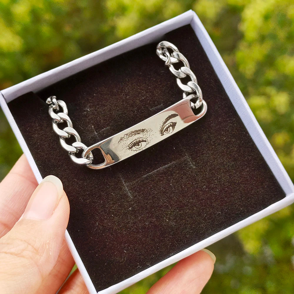 Olhos personalizados foto casal pulseira laser gravado olhos foto pulseiras presentes de aço inoxidável para namorado família pai
