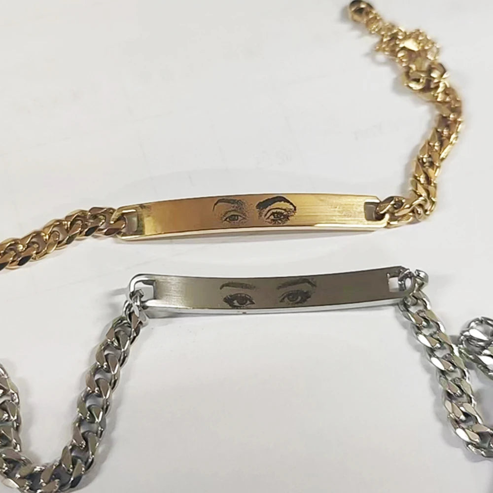 Olhos personalizados foto casal pulseira laser gravado olhos foto pulseiras presentes de aço inoxidável para namorado família pai