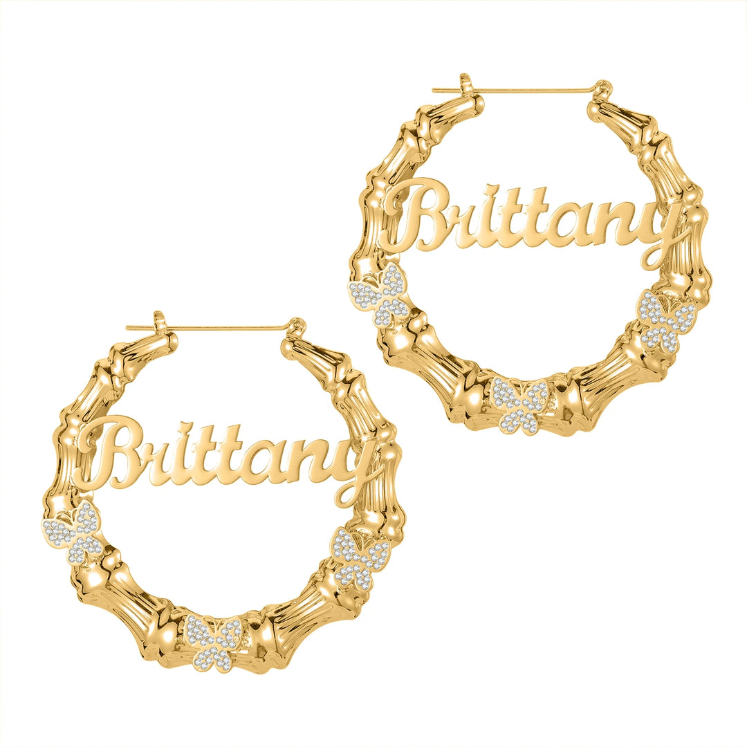 Qitian-Bambu Hoop Nome Brinco, Brincos De Borboleta De Diamante Personalizado, Aço Inoxidável, Estilo Hip Hop, Jóias Sexy, Personalidade