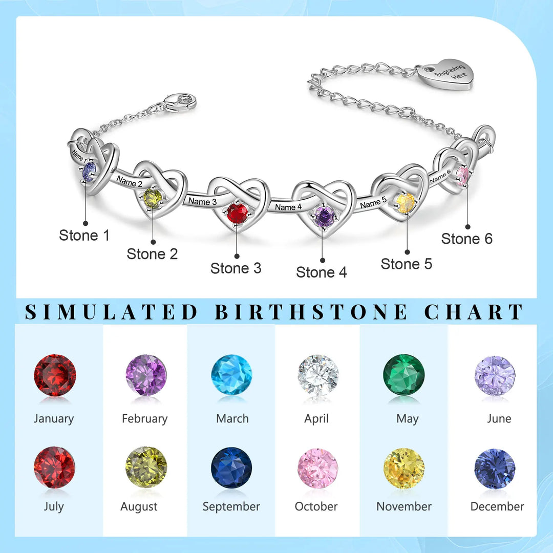 Pulseira de coração com nó personalizado com 2 a 6 pedras de aniversário, nome personalizado da família, pulseiras e pulseiras gravadas, presente para mães, namorada