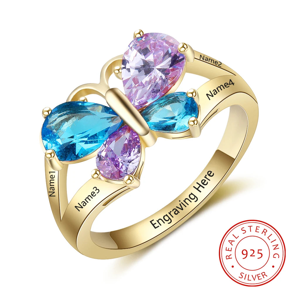 925 anéis de noivado de prata esterlina para mulheres, nome personalizado, anel de borboleta gravado personalizado 4 birthstones presentes para mães