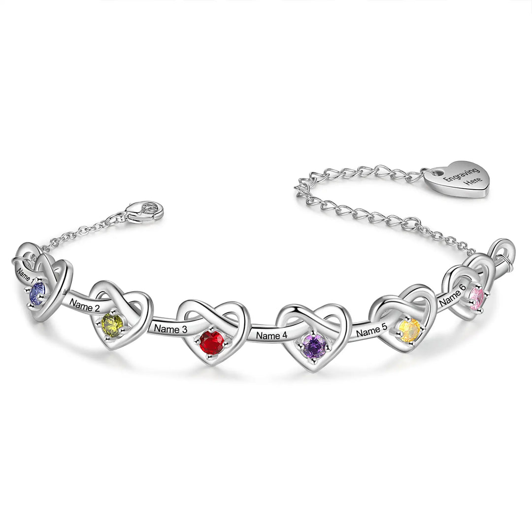 Pulseira de coração com nó personalizado com 2 a 6 pedras de aniversário, nome personalizado da família, pulseiras e pulseiras gravadas, presente para mães, namorada