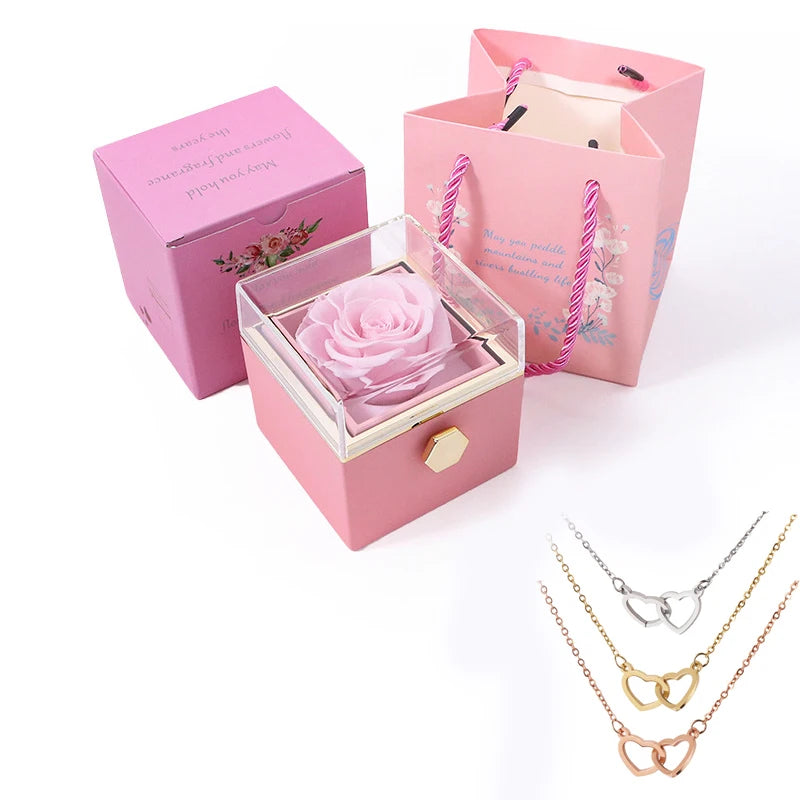 Personalizado dos namorados sabão rosa jóias anel caixa girar pingente de casamento colar caso de armazenamento para mulheres namorada presente de natal
