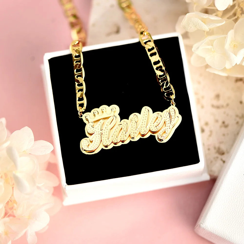 Dhqh-personalizado nome 3d colar para as mulheres, pingente personalizado de dupla camada, corrente plana, jóias de aço inoxidável, presente