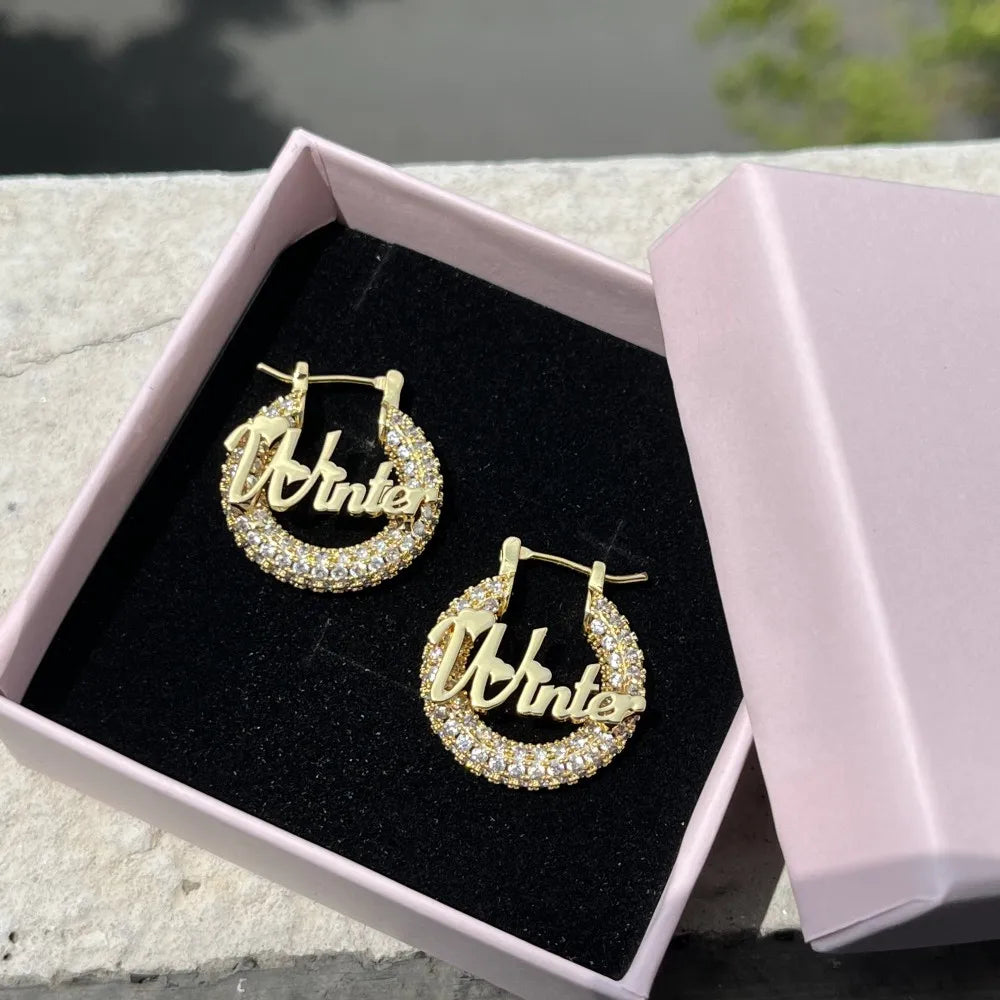 DUOYING-Custom Nameplate Bling Brincos, Mini Hoop Personalizado, 22mm, Carta, Aço Inoxidável Brilhante, Jóias Crianças