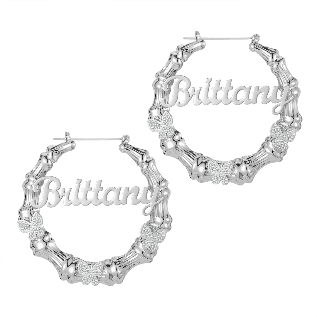 Qitian-Bambu Hoop Nome Brinco, Brincos De Borboleta De Diamante Personalizado, Aço Inoxidável, Estilo Hip Hop, Jóias Sexy, Personalidade