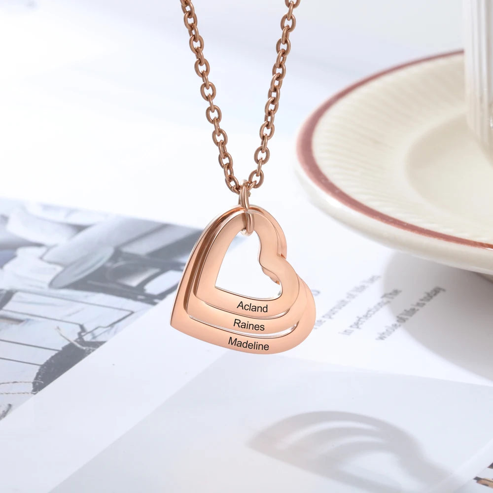 Colar gravado em aço inoxidável personalizado para mulheres, pingente de coração multicamadas personalizado, 2-6 nomes, 3 cores