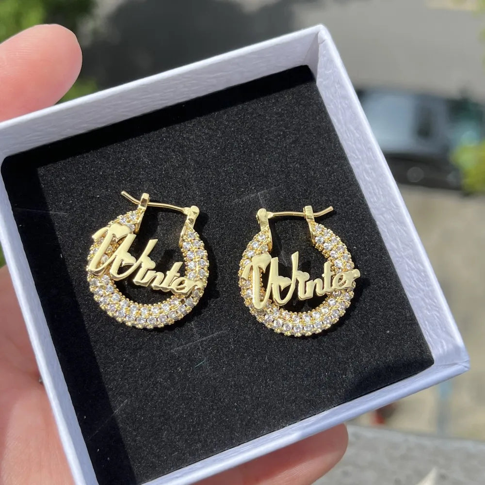 DUOYING-Custom Nameplate Bling Brincos, Mini Hoop Personalizado, 22mm, Carta, Aço Inoxidável Brilhante, Jóias Crianças