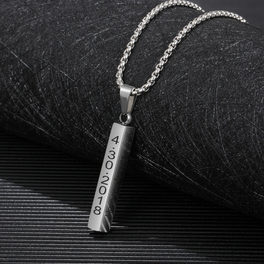 Nome personalizado homem pingente presente do ano novo para o pai jewelora personalizado 4 lado gravado barra vertical colar de aço inoxidável