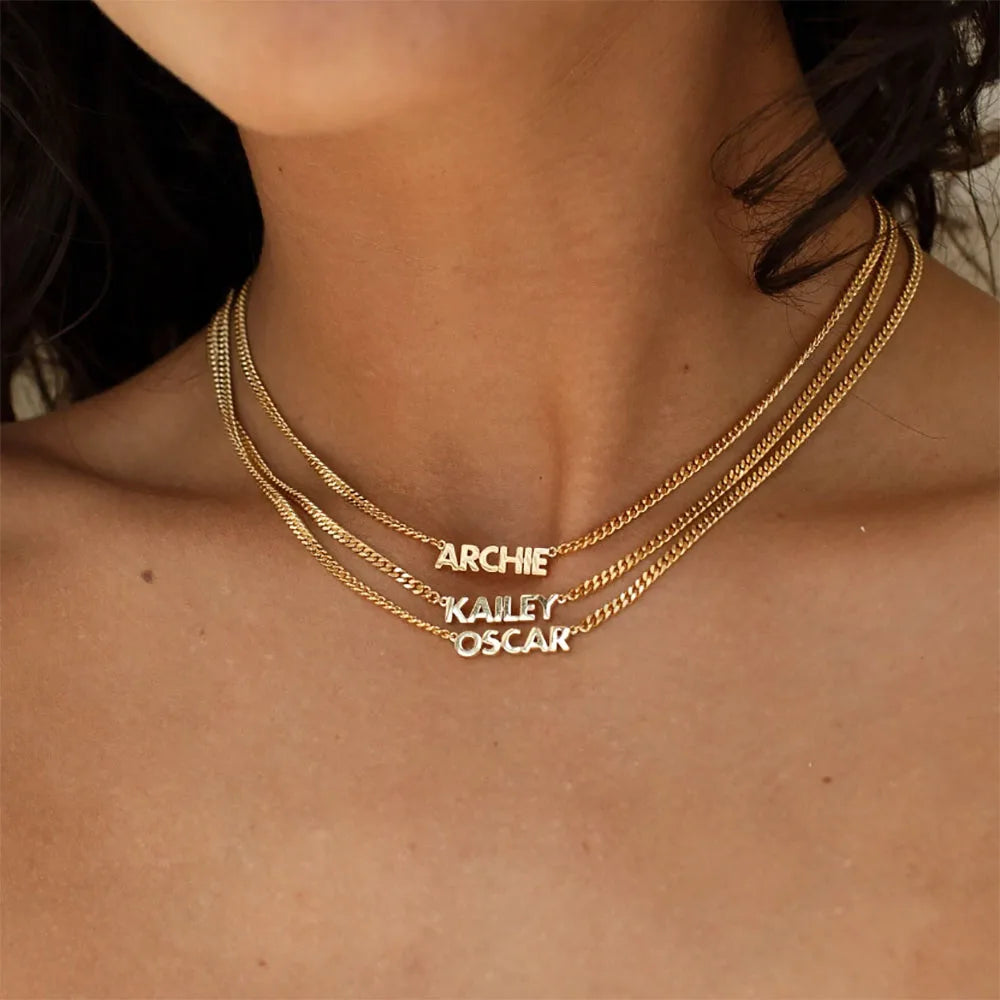 Colar com nome personalizado para mulheres, Curb Chain, personalizado, cor do ouro, aço inoxidável, nome colares, presente da jóia do Natal
