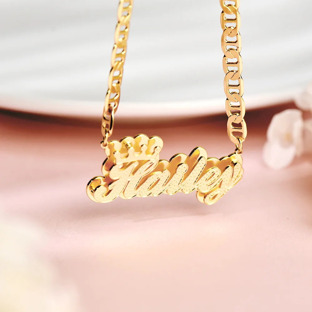 Dhqh-personalizado nome 3d colar para as mulheres, pingente personalizado de dupla camada, corrente plana, jóias de aço inoxidável, presente