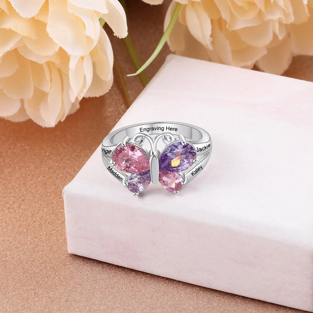 925 anéis de noivado de prata esterlina para mulheres, nome personalizado, anel de borboleta gravado personalizado 4 birthstones presentes para mães