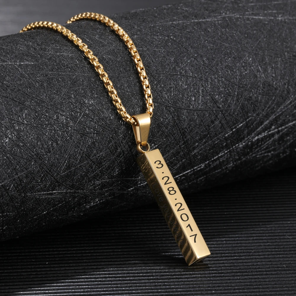 Nome personalizado homem pingente presente do ano novo para o pai jewelora personalizado 4 lado gravado barra vertical colar de aço inoxidável