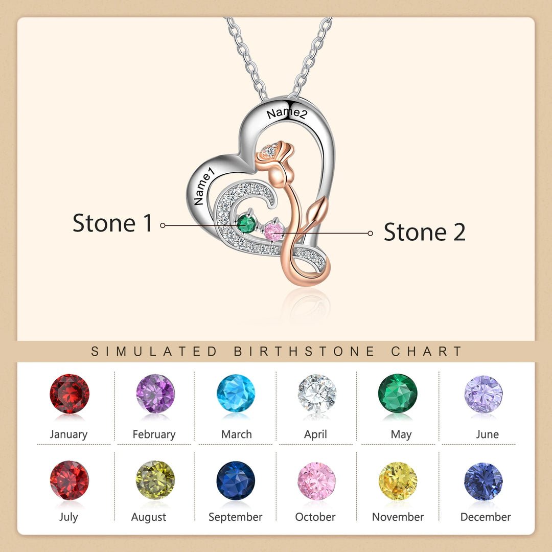 925 prata esterlina personalizado gravado nome coração pingente com birthstone rosa flor personalizado colar presentes de natal