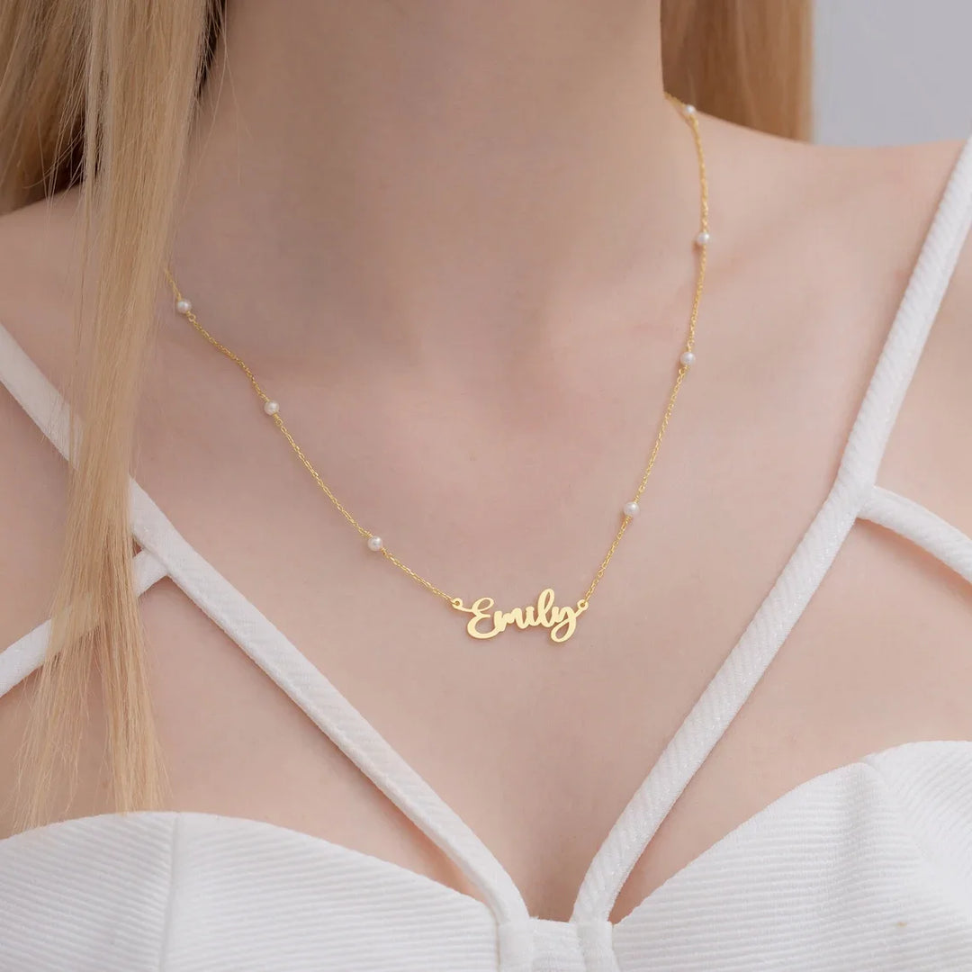 Colar Personalizado Com Nome E Pérolas Banhada a Ouro 18k
