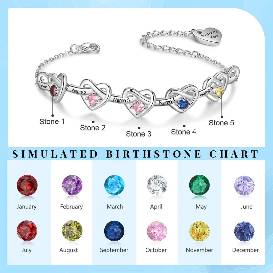 Pulseira de coração com nó personalizado com 2 a 6 pedras de aniversário, nome personalizado da família, pulseiras e pulseiras gravadas, presente para mães, namorada