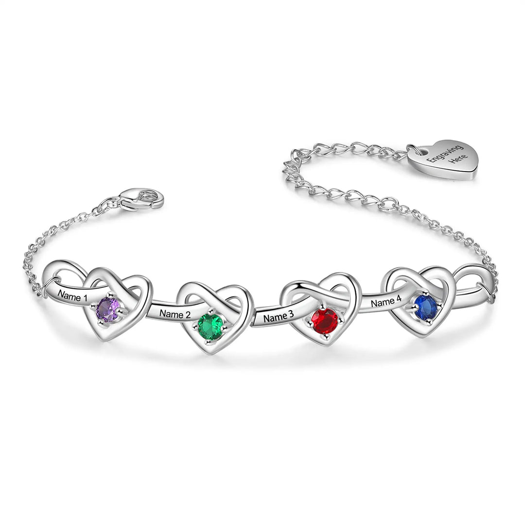 Pulseira de coração com nó personalizado com 2 a 6 pedras de aniversário, nome personalizado da família, pulseiras e pulseiras gravadas, presente para mães, namorada