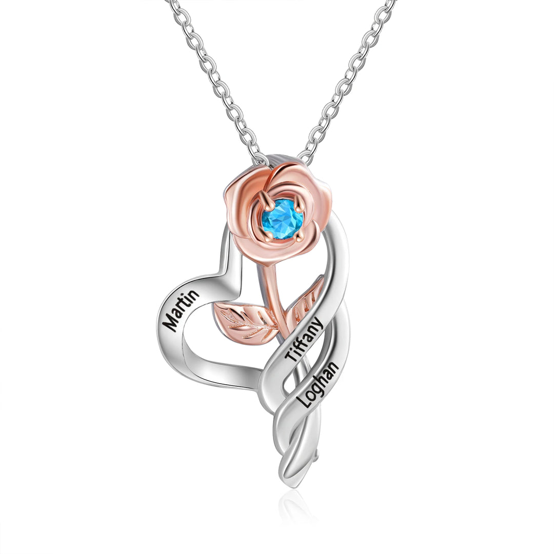 Pingente de flor rosa personalizado com pedra de aniversário, nome personalizado, colares gravados para mulheres, presentes de dia dos namorados para namoradas