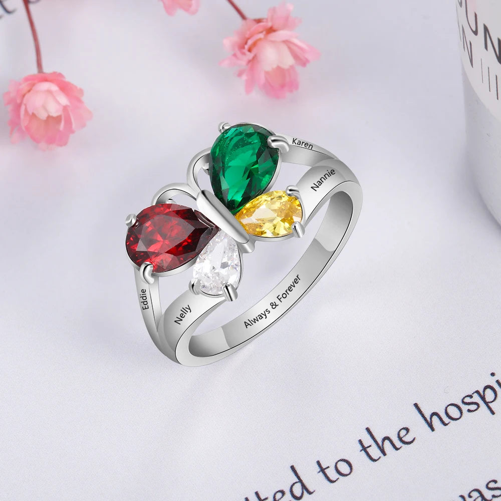 925 anéis de noivado de prata esterlina para mulheres, nome personalizado, anel de borboleta gravado personalizado 4 birthstones presentes para mães