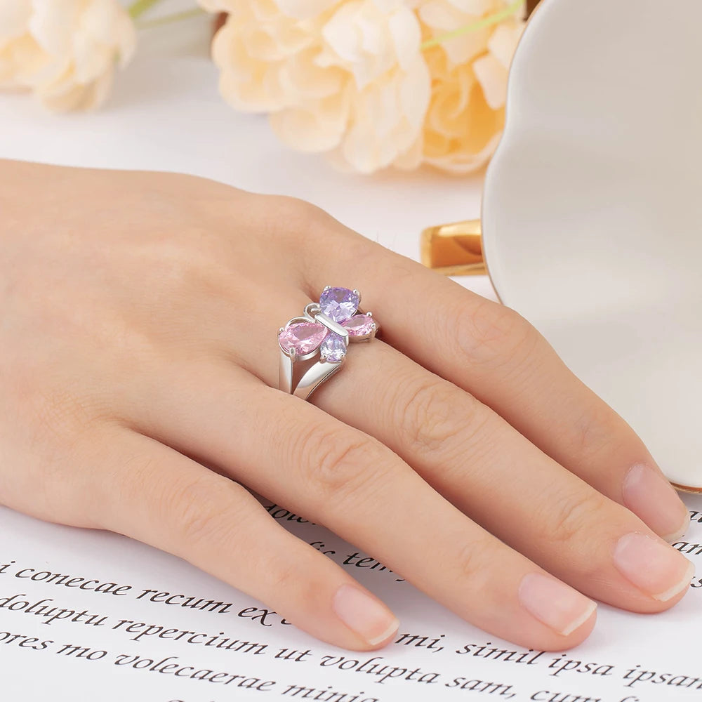 925 anéis de noivado de prata esterlina para mulheres, nome personalizado, anel de borboleta gravado personalizado 4 birthstones presentes para mães