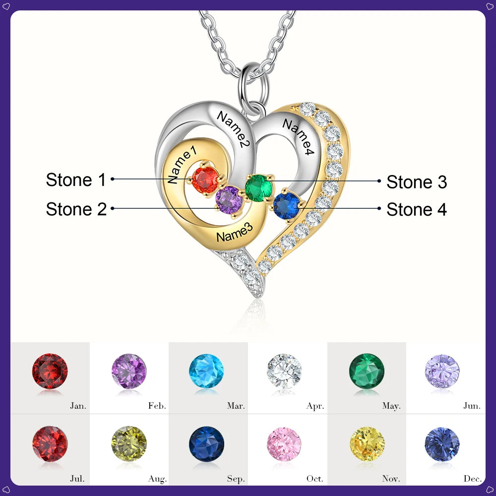 925 prata esterlina personalizado coração colar com 1-5 birthstones personalizado gravado nome das mães pingentes presentes do ano novo