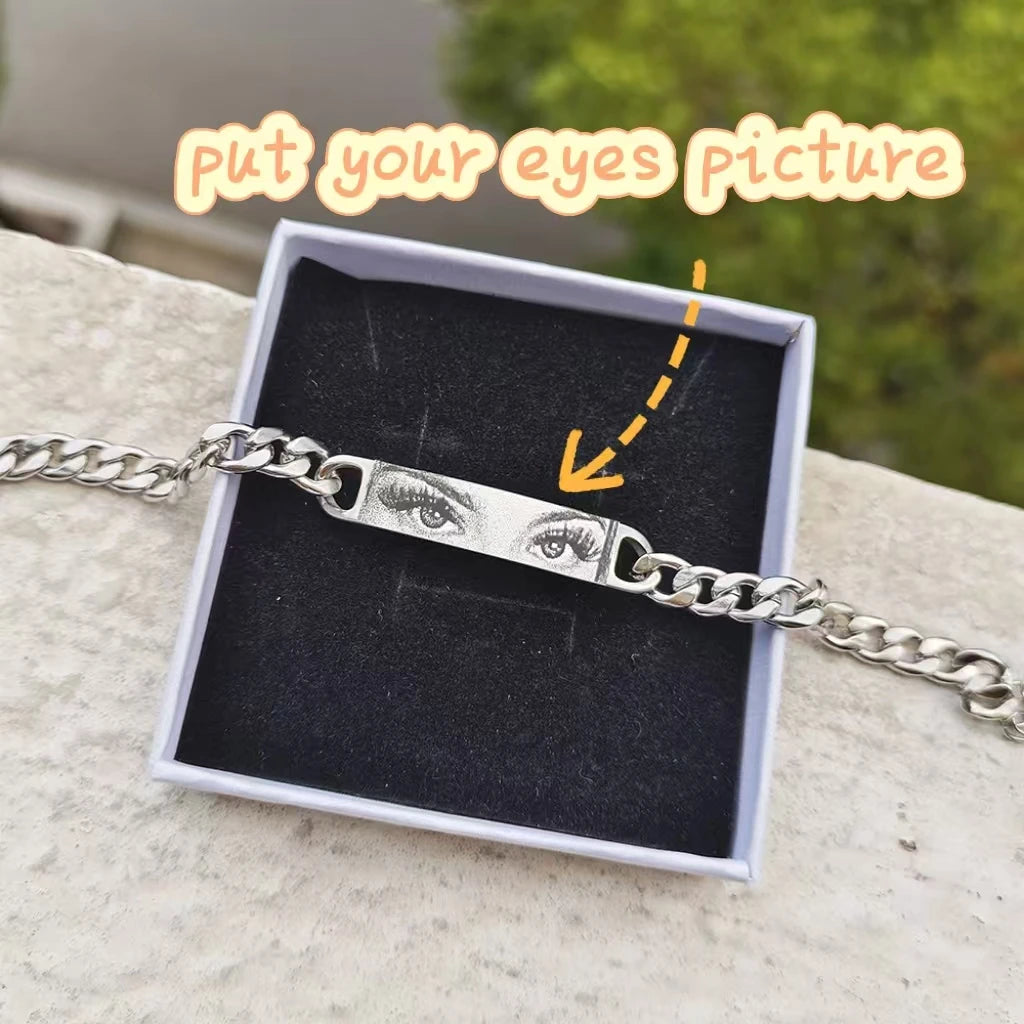 Olhos personalizados foto casal pulseira laser gravado olhos foto pulseiras presentes de aço inoxidável para namorado família pai