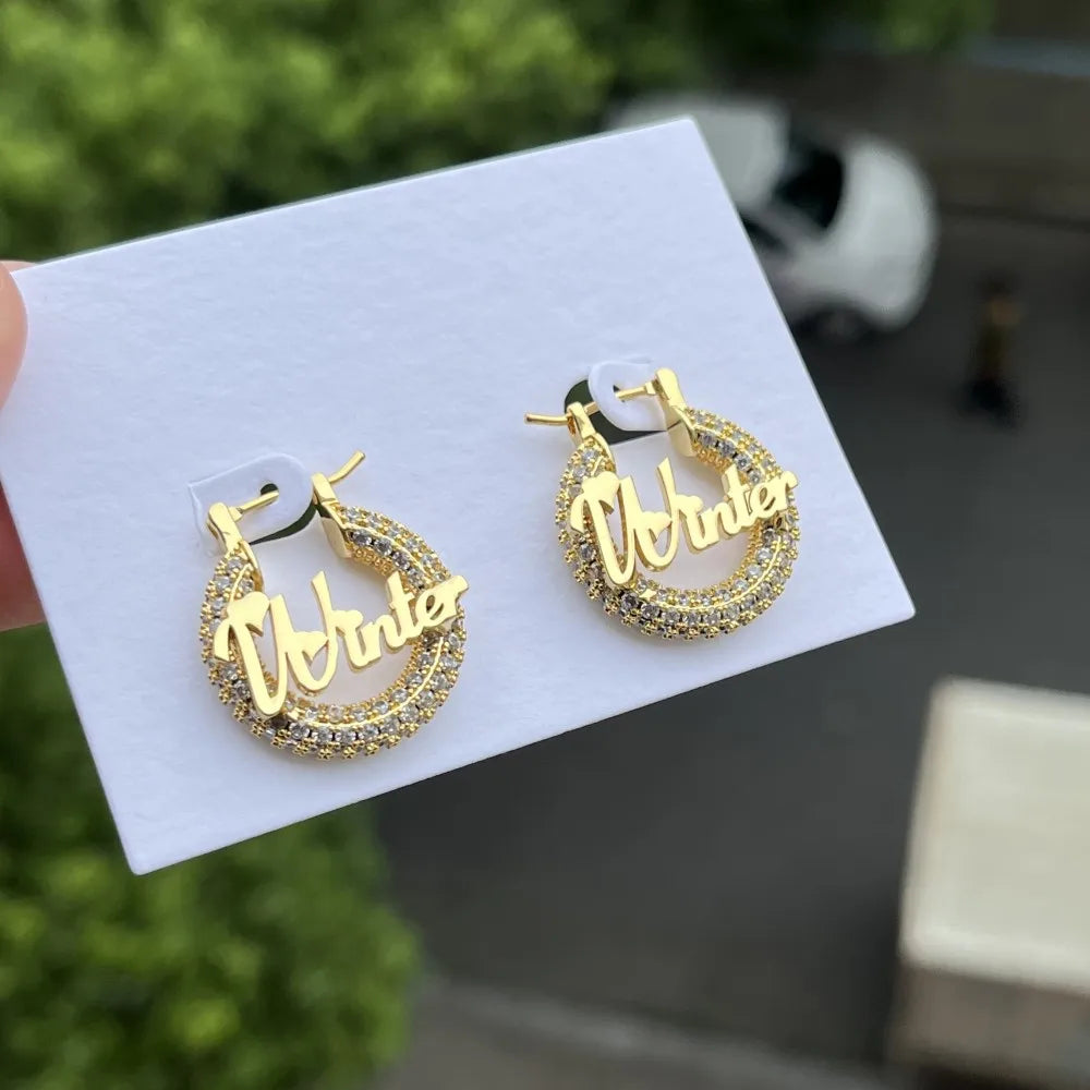 DUOYING-Custom Nameplate Bling Brincos, Mini Hoop Personalizado, 22mm, Carta, Aço Inoxidável Brilhante, Jóias Crianças